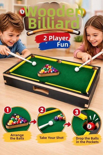 Wooden Design Billiard Table Game 61X36.5 cm - Full Set with 2 Cue Sticks Educational Family and Children's Game