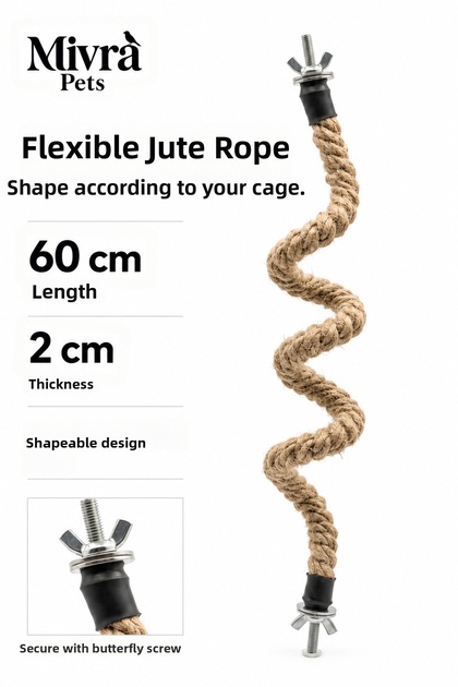 Flexible Jute Bird Perch 60 cm – 2 cm Thickness, Butterfly Screw Cage Perch