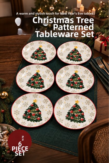 6-Piece Decorated Pine Tree Patterned Round Serving Plate 25 cm Dessert Presentation Serving Plate for 6 People