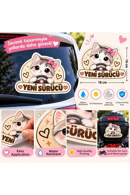 New Driver Cat Figured Car Sticker 18X14 cm – Waterproof, Cute Cat Design Vehicle Windshield Sticker