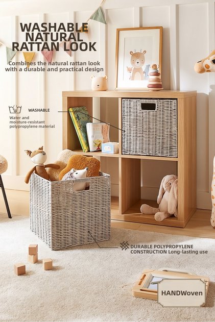 2-Piece Children's Room Washable Gray Pp Rattan Closet Laundry Toy Organizer Storage Basket Organizer 33X33X33