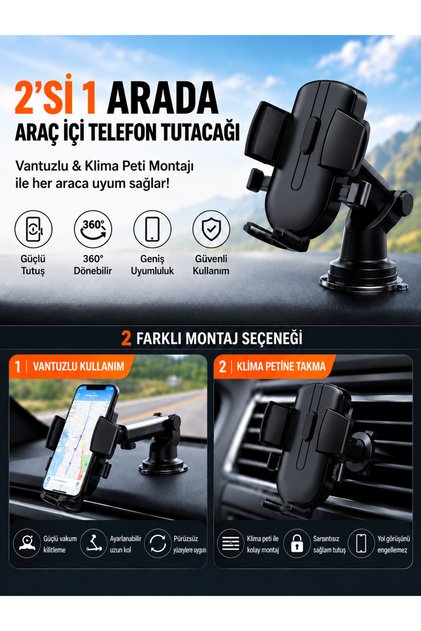 2'si 1 Arada Araç İçi Telefon Tutucu Vantuzlu Ve Klima Izgarası Petek Uyumlu 360° Dönünebilir