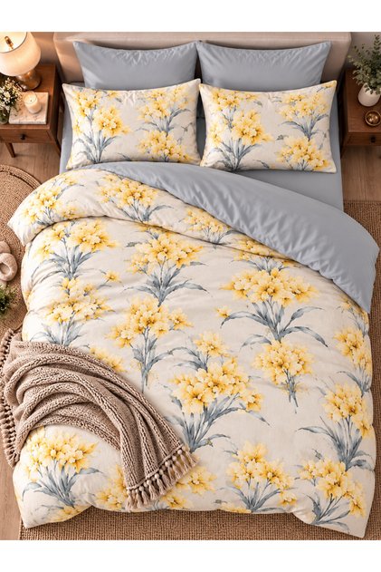 Double Elastic Sheet Duvet Cover Set Cotton Yellow Bouquet