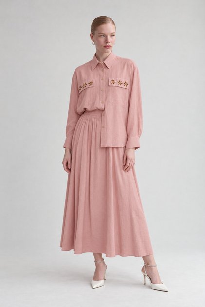 Pocket Beaded Daisy Detailed Skirt Set Pink