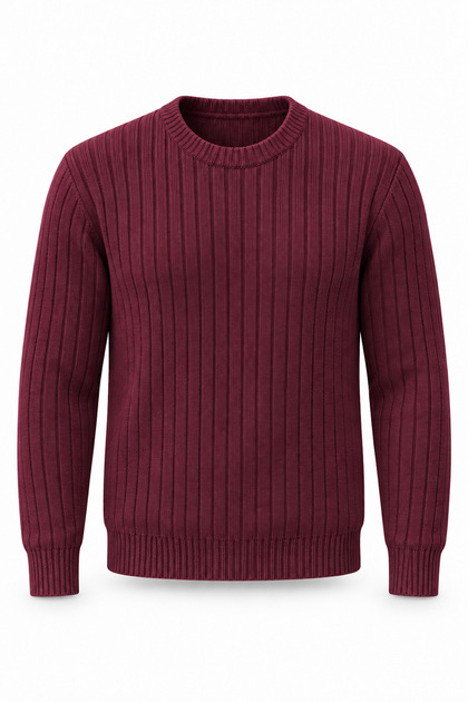 Ashton Ribbed Crew Neck Men's Knitwear Sweater - Burgundy