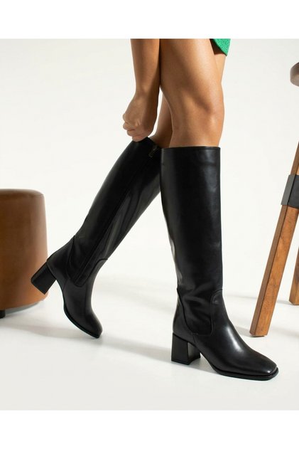 Women's Boots Block Thick Heeled Square Toe Side Zipper Below the Knee Stylish Boots