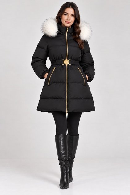 Women's Black Fur-Detail Hooded Puffy Coat - Waist-Strapped Zippered Waterproof Winter Coat