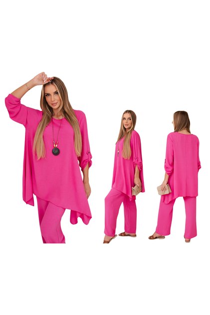 Set roz pentru femei cu colier: tunică și pantaloni largi
