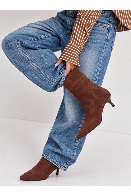 Women's Brown Suede Curled Detailed Thin Heeled Boots