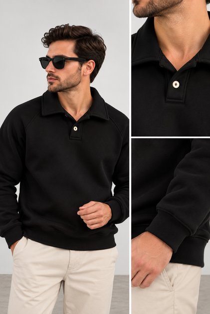 Men's Polo Neck 3 Thread Buttoned Sweatshirt Thick, Soft Fabric