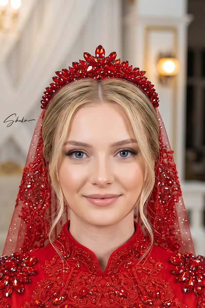 Ankara Model Kırmızı Kına Tacı – Nişan Tacı, Kına ve Özel Günler İçin Zarif Gelin Tacı, Kristal Taşlı