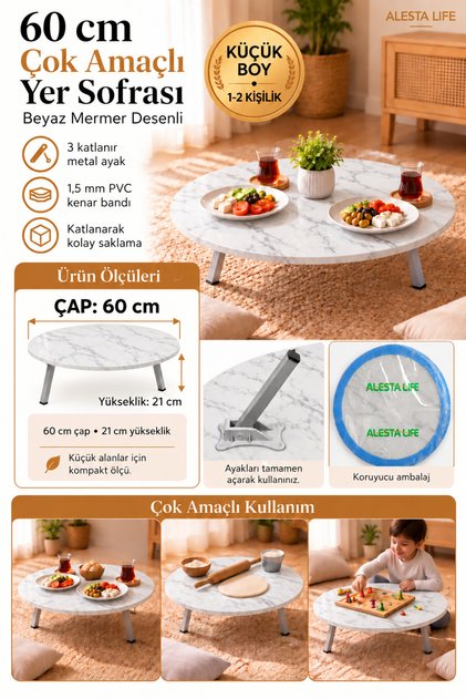 60 Cm Çap - Beyaz Desenli Katlanabilir Yer Sofrası Hamur Açma Tahtası Oyun Masası - 21 Cm Yükseklik