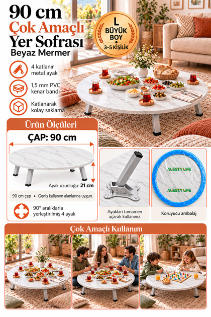90 Cm Çap - Beyaz Desenli Katlanabilir Yer Sofrası - Oyun Masası - 21 Cm Yükseklik
