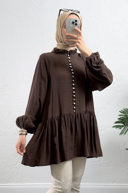 Brit Düğmeli Peplum Tunik Y0082 - KAHVERENGİ