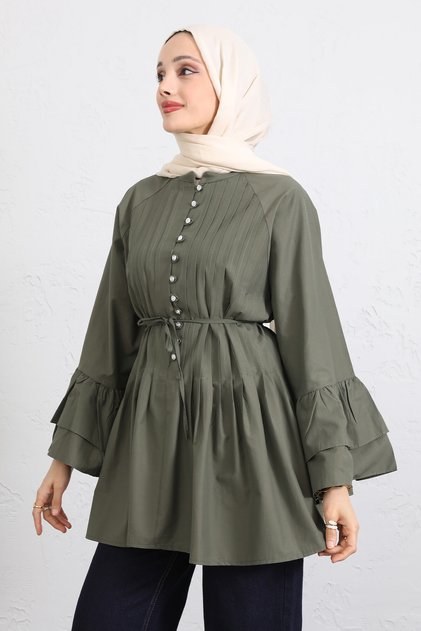 Ribbed Tunic with Flywheel Sleeves Y0104 - Khaki