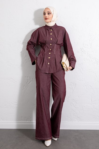 Belden Pileli Denim Takım Y0097 - BORDO