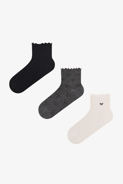 Gri Siyah Beyaz Ribbon Fırfırlı Fiyonk Desenli 3 Çift Soket Çorap