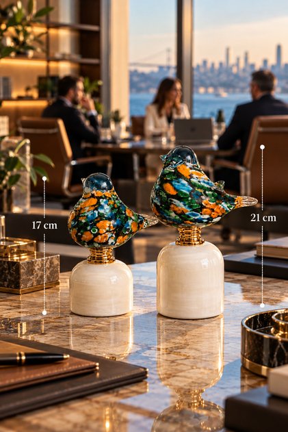 2'li Üfleme Cam Dekoratif Kuş Biblo Beyaz Kaideli Renkli El Yapımı Masaüstü Süs Objesi (17-21 Cm)