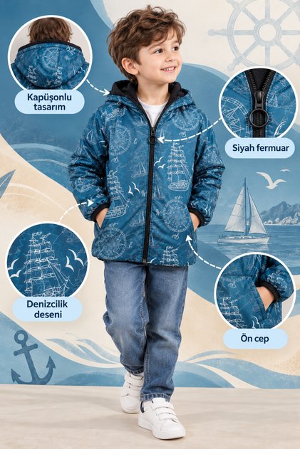 Boy's Blue Ship Patterned Fleece Raincoat