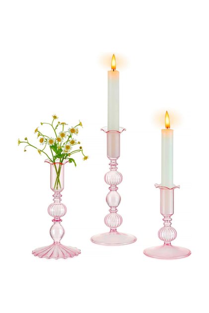 Style B Pink 3Pcs/set Glass Candle Holder Unique Tapered Flower Vase Candlestick Romantic Minimalist