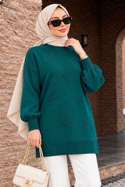 Pearl Detailed Emerald Green Hijab Knitwear Sweater 10932Zy