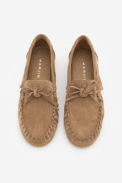 Women's Genuine Leather Lace-Up Bowknot Moccasin Drawstring Loafer Casual Shoes Tavon Camel Suede