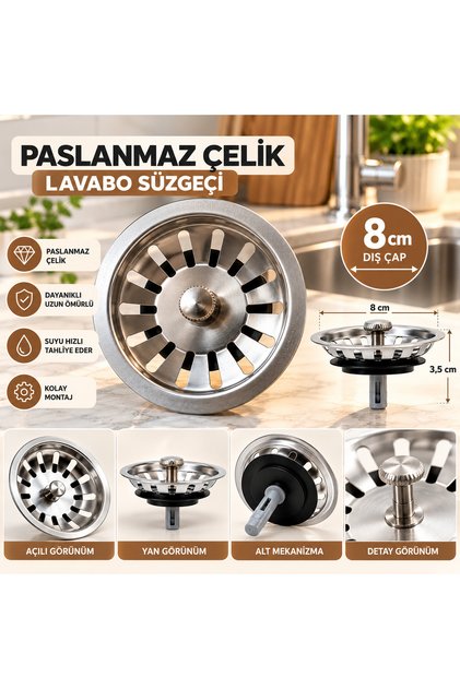 Paslanmaz Çelik 8CM Mutfak Lavabo Evye Süzgeci ve Tıpalı Gider Süzgeci