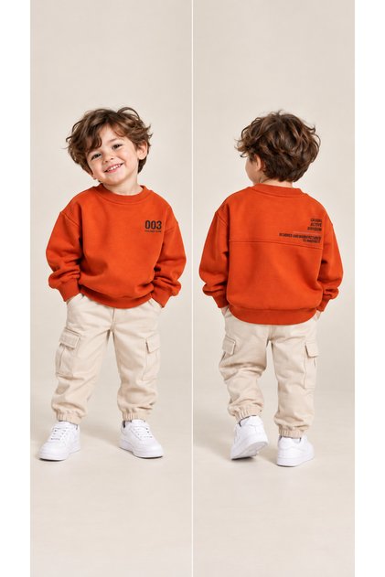 Oversized Simit Yaka 003 Printed Arka Paneled Ve Printed 3 İp Ş Fleece-Lined Children's Sweatshirt
