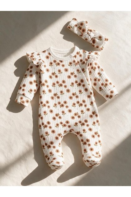 Sunflower Patterned Bandana Baby Girl Seasonal Jumpsuit
