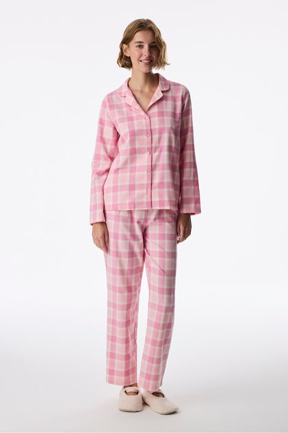 Pembe Cozy Pink Pamuklu Checked Ekoseli Uzun Kollu Gömlek Pantolon Pijama Takımı