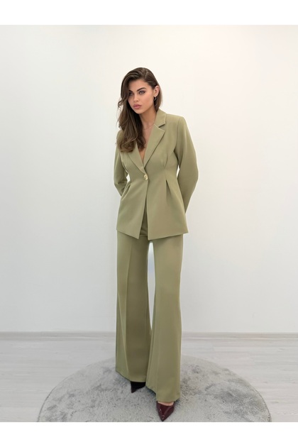 Valeria Women's Waist Formed Single Button Blazer Jacket Wide Leg Pants Light Khaki Two-Piece Set