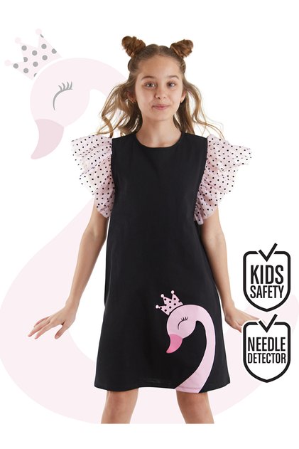 Swan Girl's Tulle Ruffled Polka Dot Girl's Black Dress