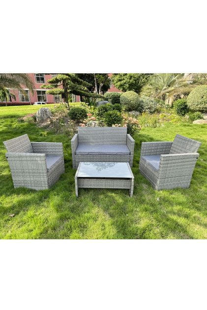 Set mobilier de grădină, 2 fotolii, măsuță de cafea, canapea, ratan gri, perne incluse