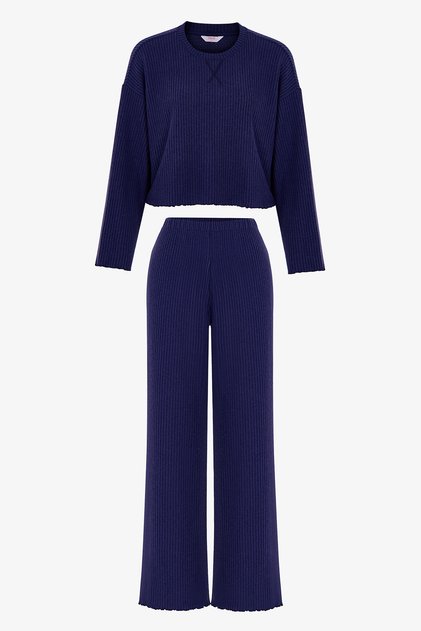 Lacivert Navy Waffle Pantolon Uzun Kollu Pijama Takımı