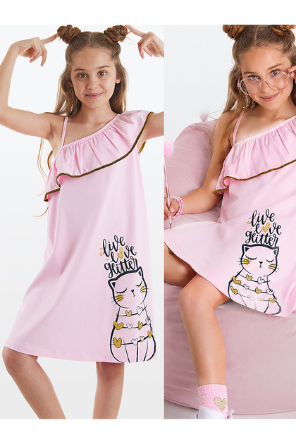 Cat Girls' Summer Ruffled Combed Cotton Pink Girls' Dress