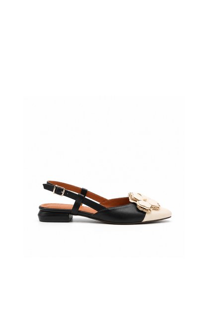 Genuine Leather Black Beige Floral Detailed Slingback Women's Ballerinas