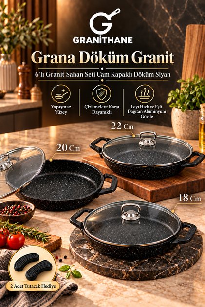 6'lı Granit Sahan Seti Cam Kapaklı Döküm Siyah 18-20-22 Cm