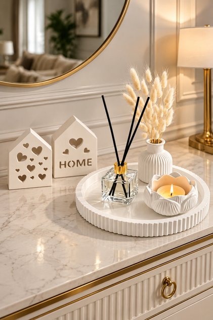 Mermer Desenli Dekoratif Beton Tepsi Seti 4 Parça | Mumluk, Vazo ve Oda Kokusu Tepsisi | Modern Ev Dekoru