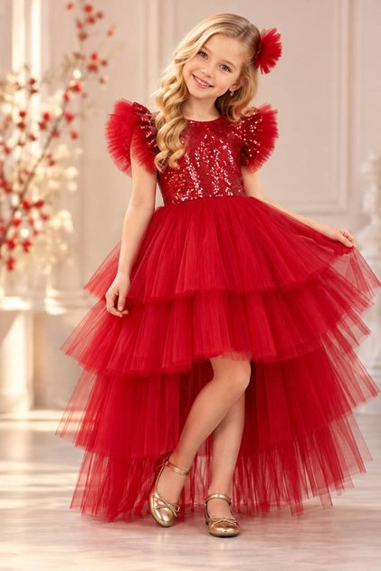 Evening Dress Kids Sequined Layered Tail Style Red Children's Evening Dress Aby745