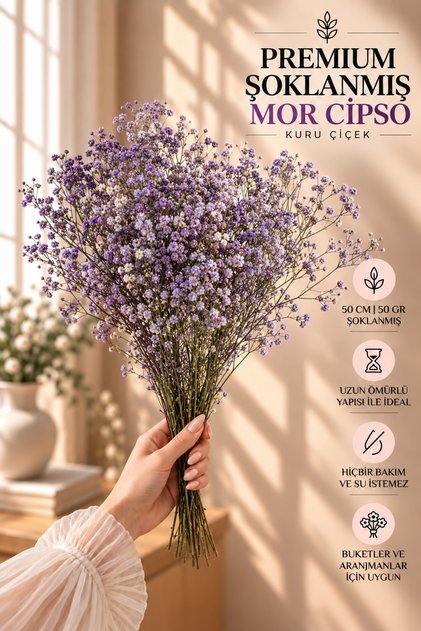 Premium Şoklanmış Cipso Mor 45 Cm - Kuru Çiçek