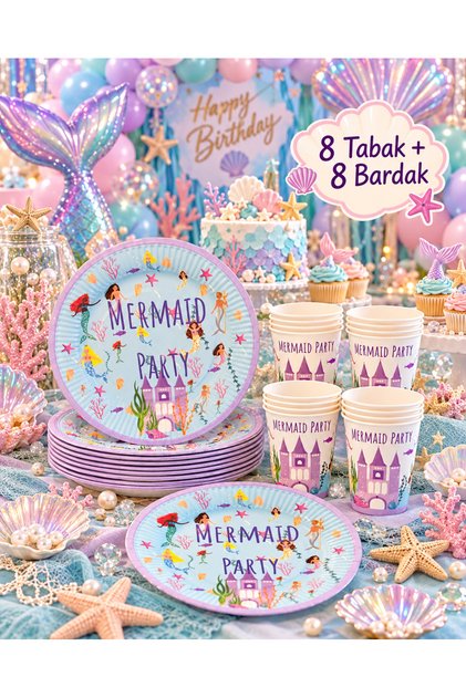 Denizkızı Mermaid Temalı Karton Tabak Bardak 8 Tabak 8Bardak