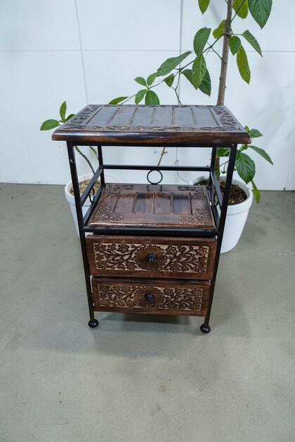 El Oyması Ahşap Yan Sehpa, 2 Çekmeceli Metal İskeletli Zigon Sehpa, Etnik Boho Dresuar, 30x40x60 cm