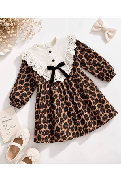 Girl's Brown Leopard Pattern Baby Collar Dress