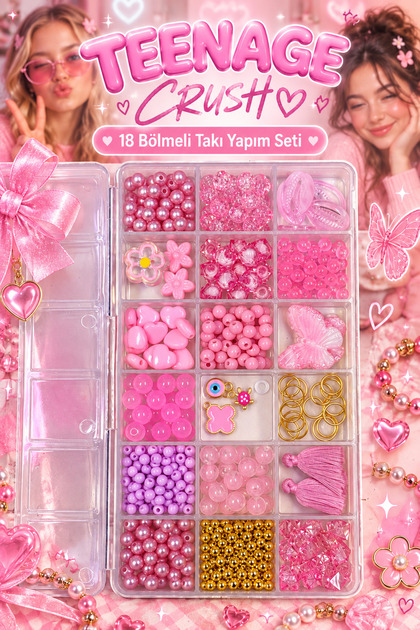 Teenage Crush 18 Compartment Charm Jewelry Making Set – Bracelet Necklace Design Kit with Pink Beads, Figures, and Accessories 💗 ✨