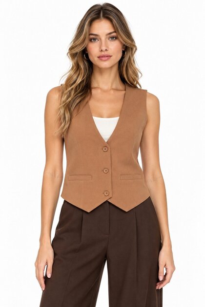 Camel Pocket Detailed 3 Button Closure Lined Vest