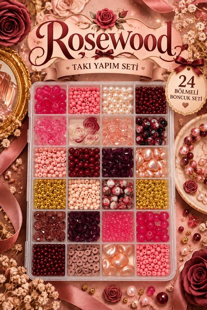 Rosewood Romance 24 Compartment Bead Jewelry Making Set – Necklace Bracelet Making Kit, Pearl Crystal and Figure Beads