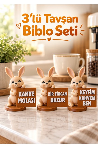 3'lü Sevimli Tavşan Biblo Seti Kahve Köşesi Biblosu Mutfak Masa Üstü Dekoratif Obje Hediyelik