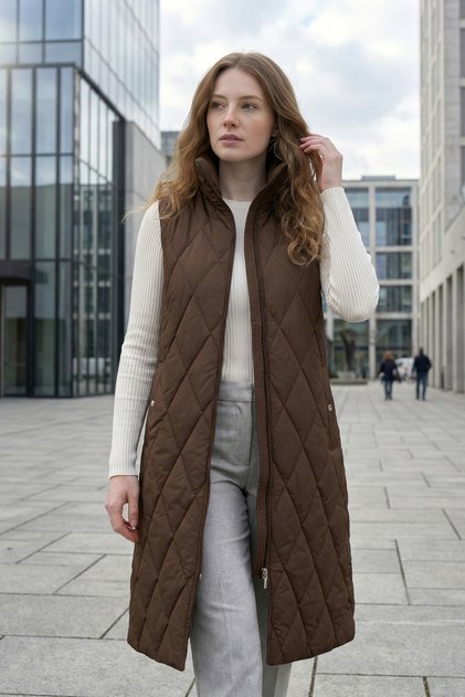 Women's Brown Long Quilted Vest