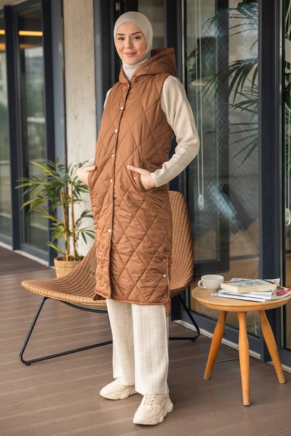 Women's Tan Hooded Quilted Vest MNL-023Y