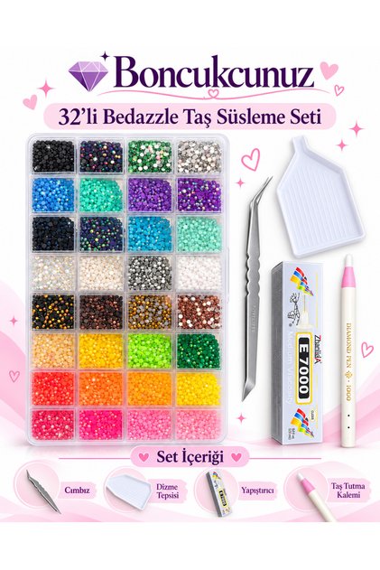 32’li Bedazzle Taş Süsleme Seti – Yapıştırıcı, Taş Tutma Kalemi, Cımbız ve Taş Dizme Tepsili